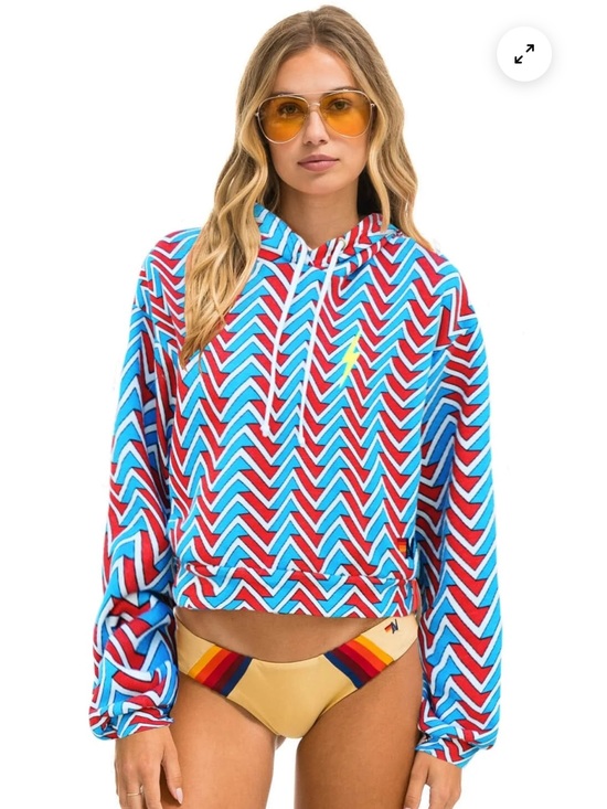 Aviator Nation Tops - Aviator Nation Geo Zig Bolt Embroidery Relaxed Crop Pullover Hoodie Red Blue L